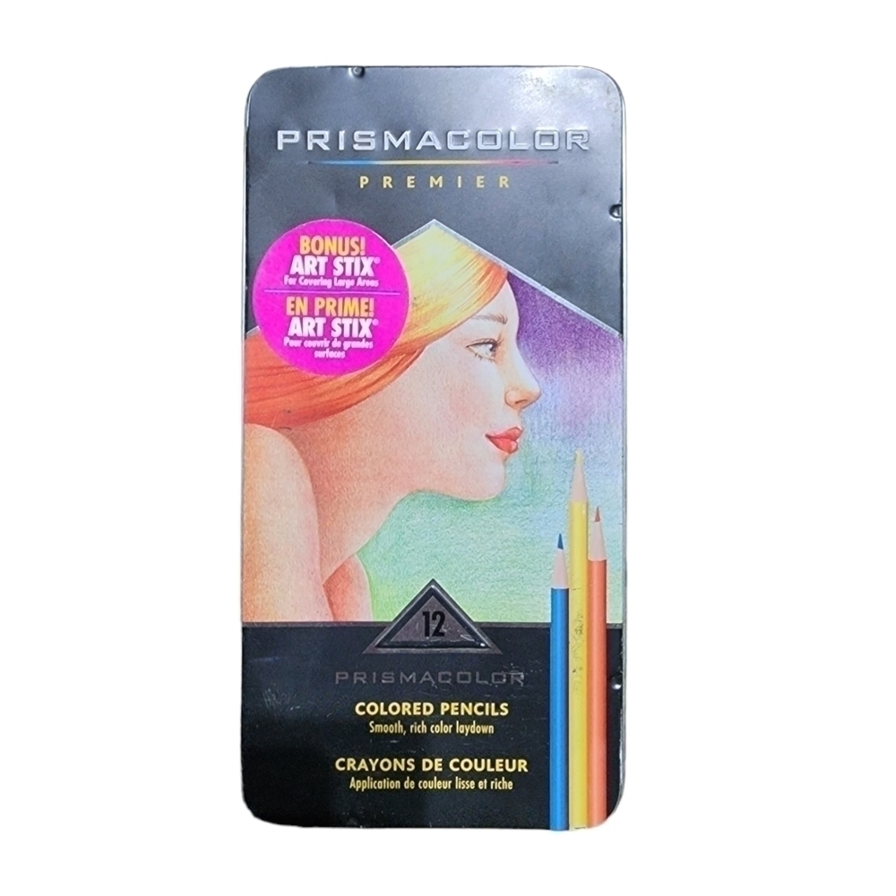 VTG Prismacolor premier set of 12 colored pencils with bonus art stix in tin